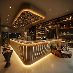this restaurant has a unique bar with a large shelf on the wall