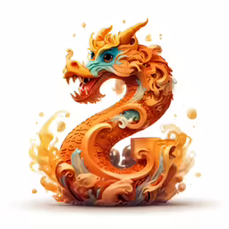 a bright orange and blue dragon with the number five on it