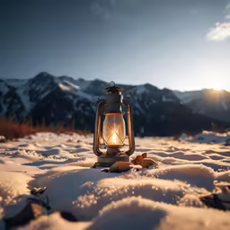 the snow covered landscape is full of footprints and a lighted lantern