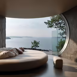 a circular bed sitting next to a large window
