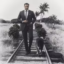 a black and white photo of a man and his dog on a train track