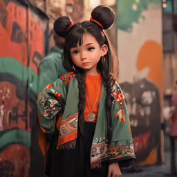 a little girl with ponytails wearing an oversized blouse