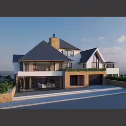 a large home with three level balcony area