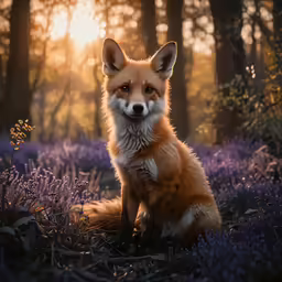 a fox with his ears up sitting in a field of purple flowers