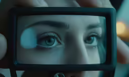 the reflection of a young woman looking at her blue eyes is in a mirror