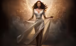 a woman in a dress with a long flowing skirt and a flying disc behind her