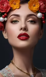 a woman with flowers in her hair posing