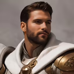a man dressed in a medieval armor, with a goatee on