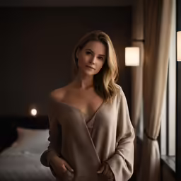 woman with brown dress standing by the window in front of the bed