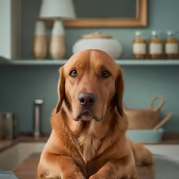 a brown dog sitting on a wooden table in front of a mirror