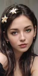 a woman with dark hair wearing a black top