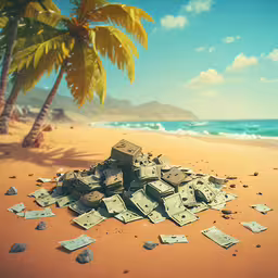 a sandy beach covered in cash sitting on top of a table,a pile of broken paper on the sand in front of a palm tree