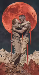 a man and woman are standing in front of a large red moon