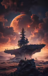a painting with clouds and trees in the background