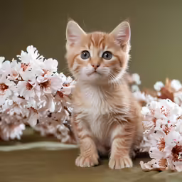 a cat is sitting among flowers on a green background