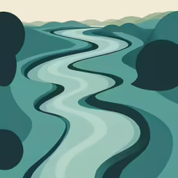 an abstract painting shows a river with small rocks