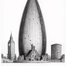 a very tall object with two men on it