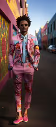 a man with a pink suit and tie and pink shoes,man in pink suit and pink shoes standing by wall