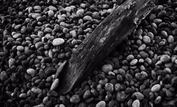 a wooden stick lays on a pile of rocks