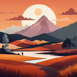 a painting of an orange sunset over a hilly landscape,the sunset is seen over a mountain range