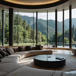 the living room is surrounded by windows and mountain views