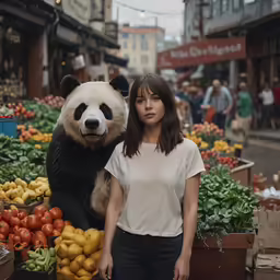 a woman standing next to a panda bear near a bunch of produce
