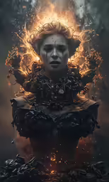 a digital painting of a woman surrounded by fire and water