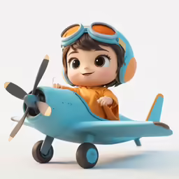 a baby doll sitting on a small blue toy plane