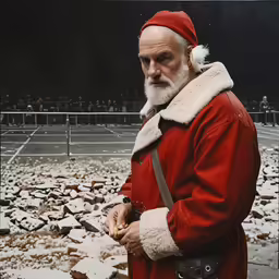 an older man standing in front of a tennis court