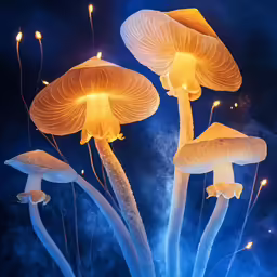 three glowing mushrooms are lit up in the dark
