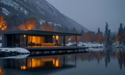 a lake sits in front of a house