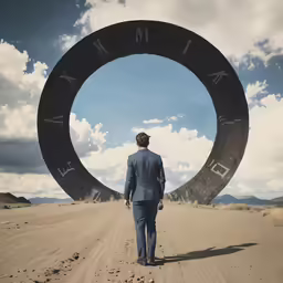 the man in a suit is walking away from a large round object