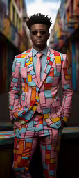 a man in suit and tie standing near a colorful street,a man in pink and blue stands next to colorful buildings