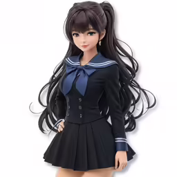 a doll wearing a black sailor outfit with long hair