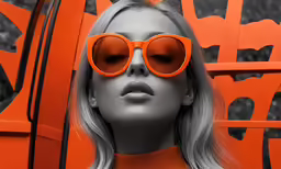 an orange dress is in front of a mannequin head with big round glasses