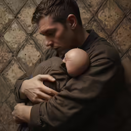 a man holds the infant and stares down at him