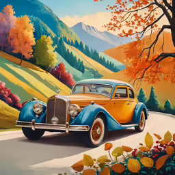 painting of old fashioned car with colorful mountains in background