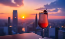 a tall glass filled with juice and garnished with an orange and apple