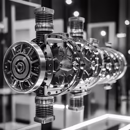 a line up of gears on the underside of a machine