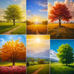 various tree pictures are featured in a grid,four different photographs of trees in the countryside