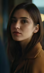 a woman wearing brown is staring at something