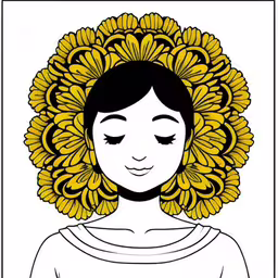 a cartoon of a woman with a frilly on her head,a girl with a large flower in her hair