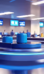 two blue portable speaker heads on a table in an airport