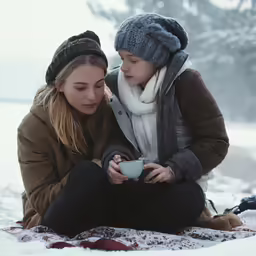two girls sitting in the snow looking at a cellphone