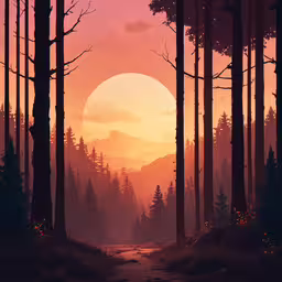 the sun shines through the trees with a path going through it,a sunset and a forest with trees