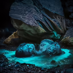 two people lying down on top of a muddy river