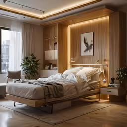 the large bedroom has a bed with pillows and an ottoman on top