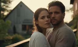 a man and a woman standing close together in front of a house