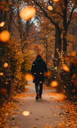man walking on path surrounded by trees with floating bubbles