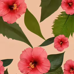 some pink flowers with green leaves on beige background,a painting of some pink flowers with green leaves